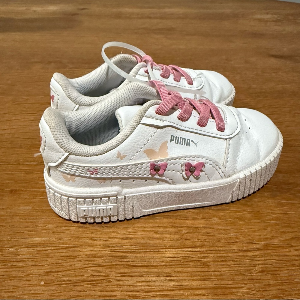 Puma Kids' White Sneakers with Pink Accents and Butterfly Detail Toddler 8c